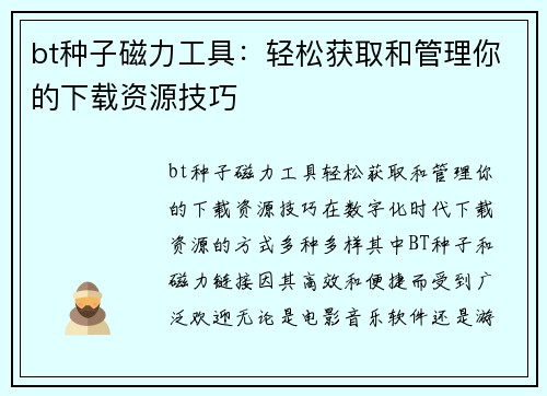 bt种子磁力工具：轻松获取和管理你的下载资源技巧
